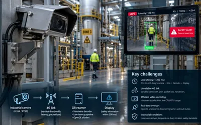 AI-generated illustration of an industrial camera streaming video over 4G to a safety display