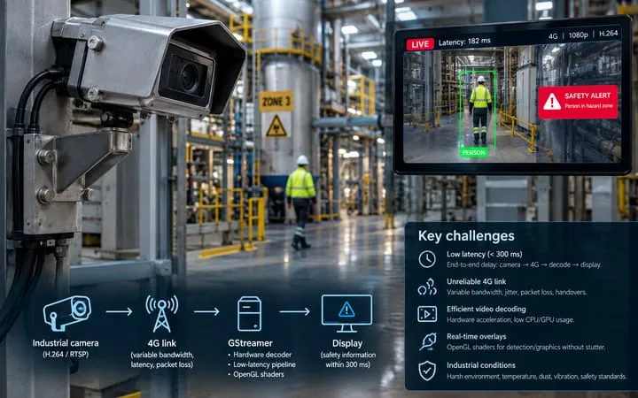 AI-generated illustration of an industrial camera streaming video over 4G to a safety display