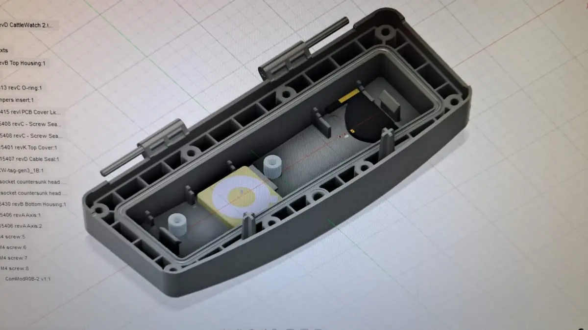 CAD model of the collar's bottom housing, showing the PCB cover, seals and screw bosses.