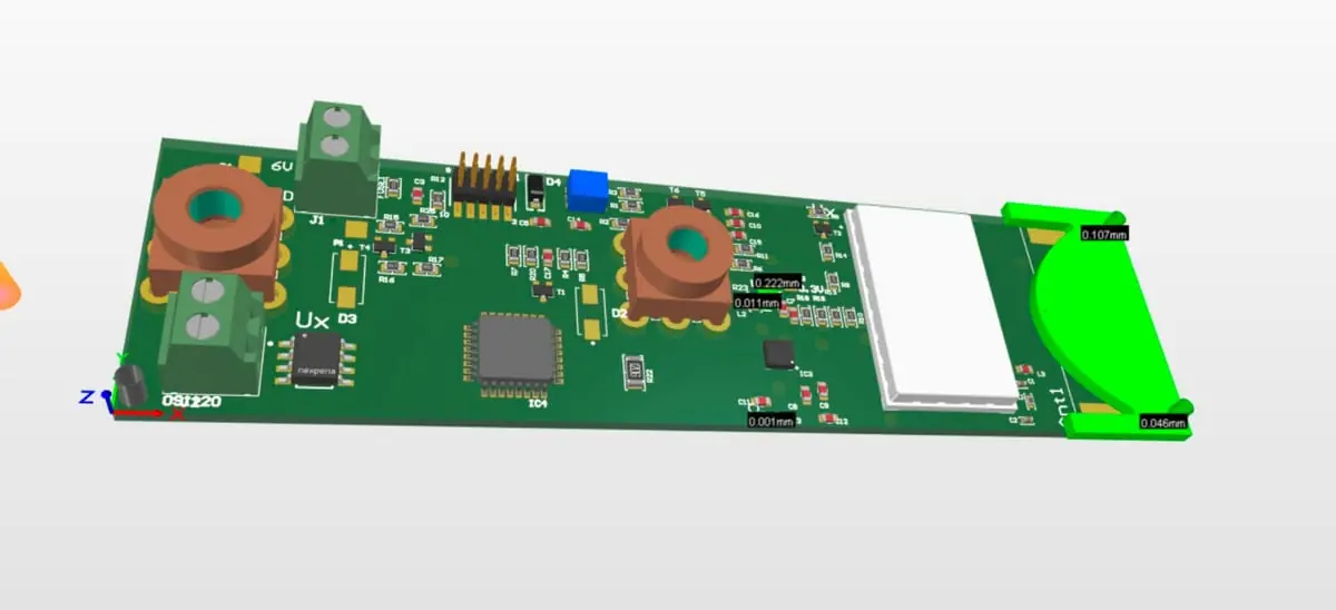 3D render of a green circuit board with screw terminals, two ring-core inductors, a microcontroller and a radio module.