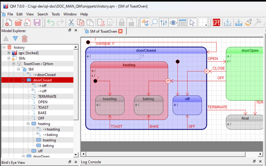 Screenshot of the QM modelling tool showing a hierarchical state machine with nested states and labelled transitions.