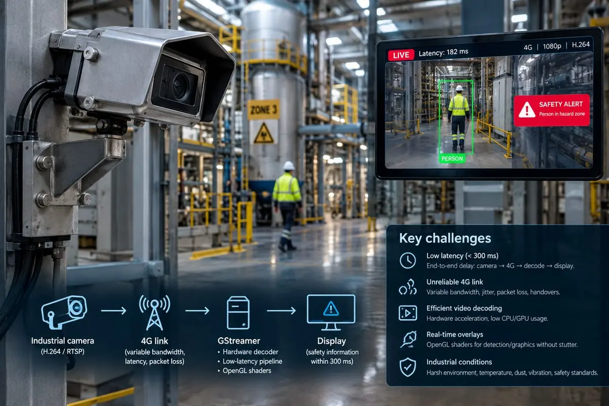 AI-generated illustration: an industrial camera, a 4G link, a GStreamer pipeline and a display showing a safety alert, with the key challenges listed.